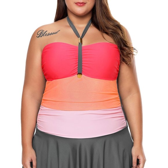 Orange Color Gradient Sweet Halter Swimdress - Picture 5 of 10